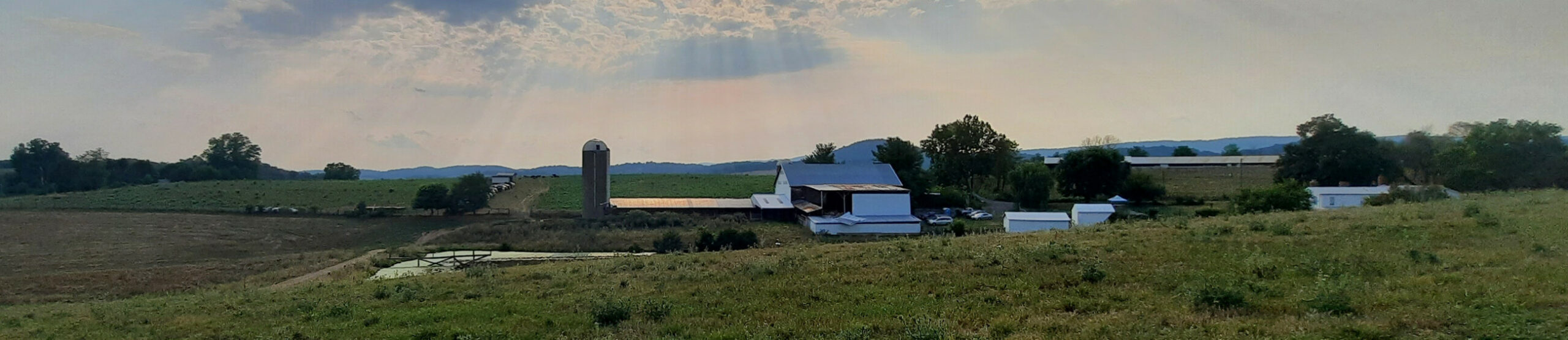 Farm landscape in a mid-summer afternoon under a cloudy sky with sunbeams shining through reflecting off the barn and farmhouse roof.