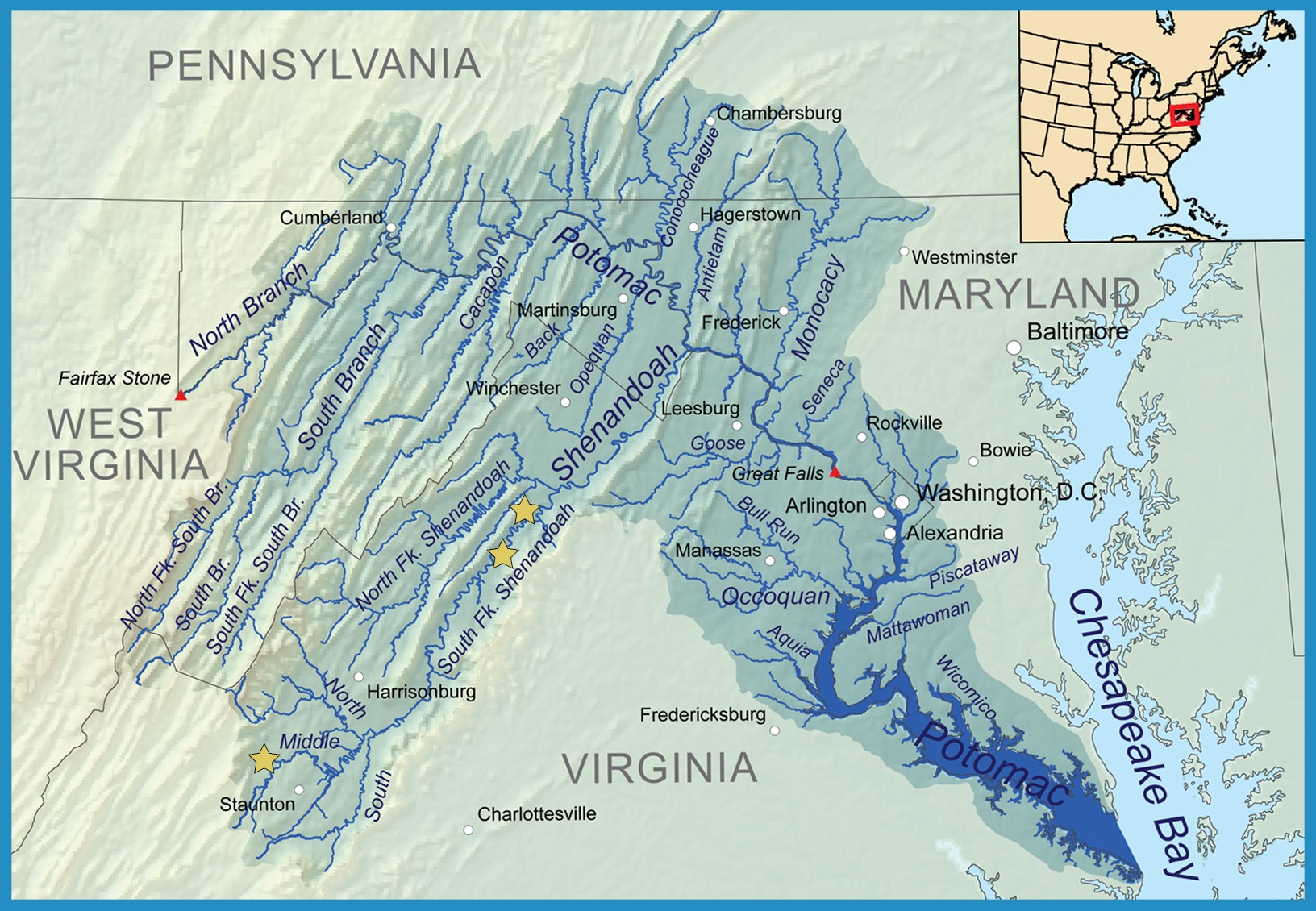 Map of the Potomac River watershed with stars at the geographical locations of three projects described in this blog post.
