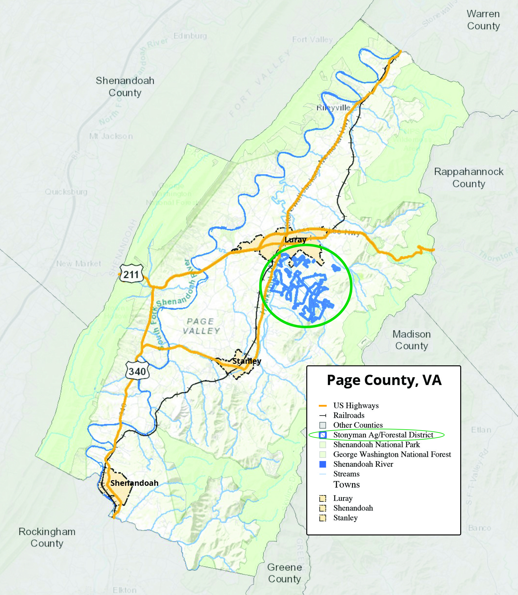 Map showing Page County, Virginia Agricultural and forestal district parcels.