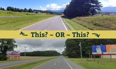 A two image comparison of a rural roadside with no signs and a rural roadside with signs advertising faraway businesses on either side.