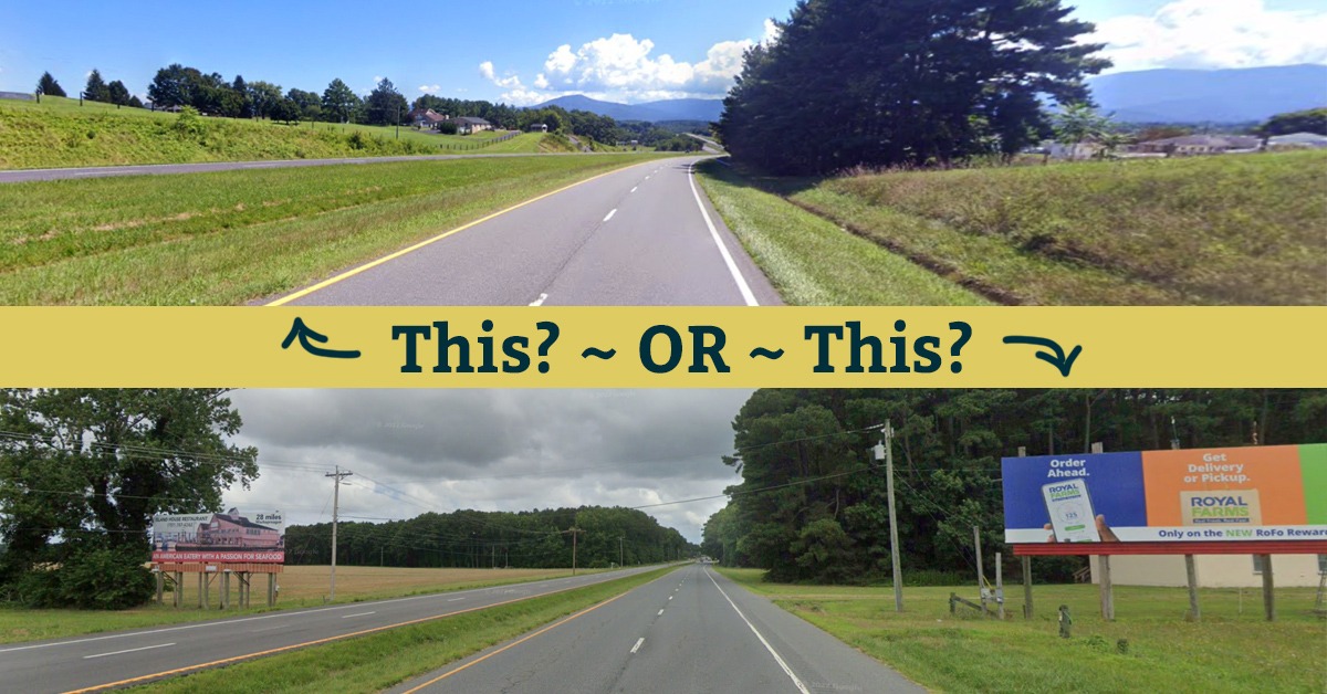 A two image comparison of a rural roadside with no signs and a rural roadside with signs advertising faraway businesses on either side.