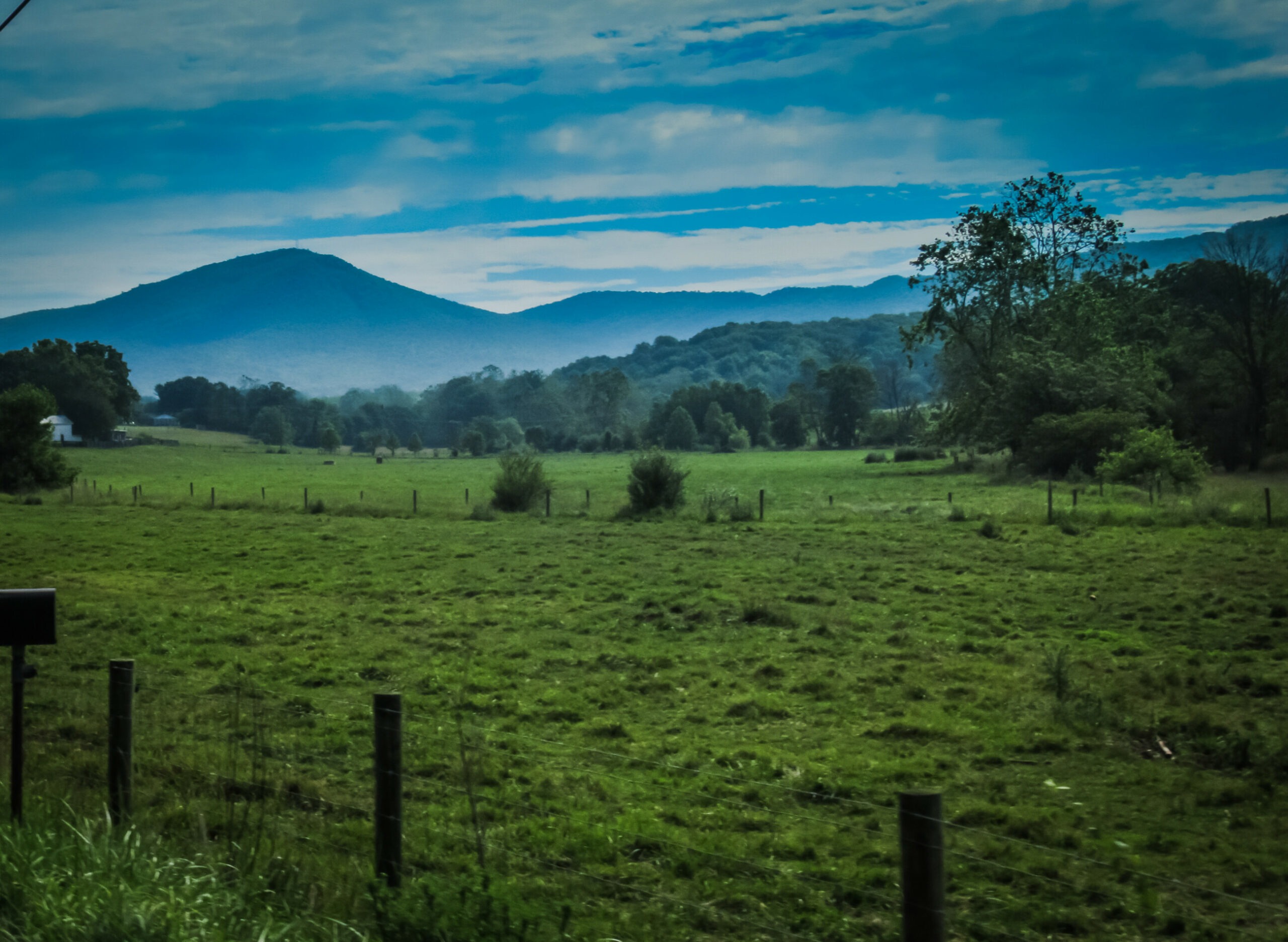 A lush green field behind a farm fence with a treelined and blue mountain in the background under a dusky teal sky.