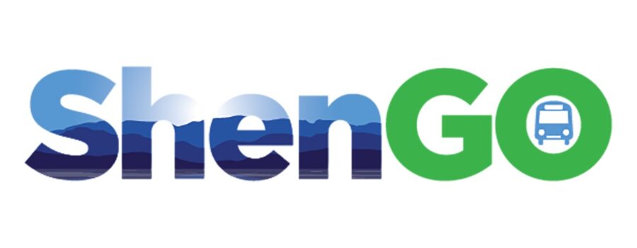ShenGo logo with blue and green letters that have reflection of sky and mountains and a blue bus icon in the center of the letter 'O'.