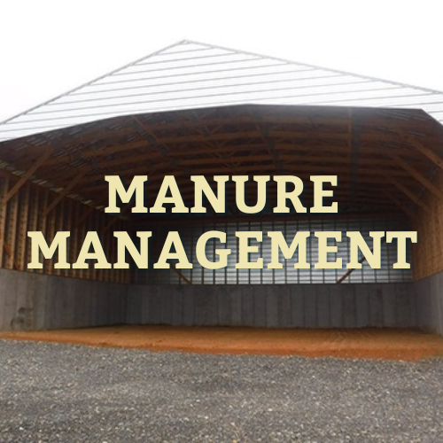 A large empty, three-sided structure with a roof and a floor and open front meant for animal waste storage all overlayed with the words 'manure management'.