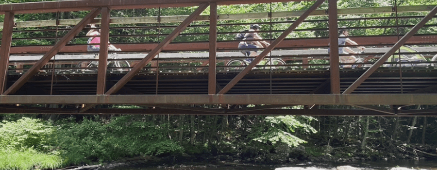 A repurposed rail bridge over a wooded stream is being crossed by cyclists on a sunny day.