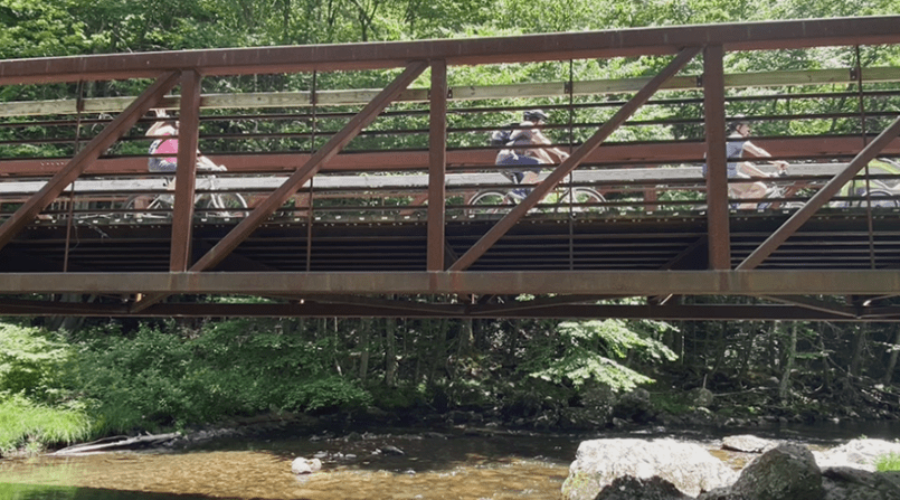 A repurposed rail bridge over a wooded stream is being crossed by cyclists on a sunny day.