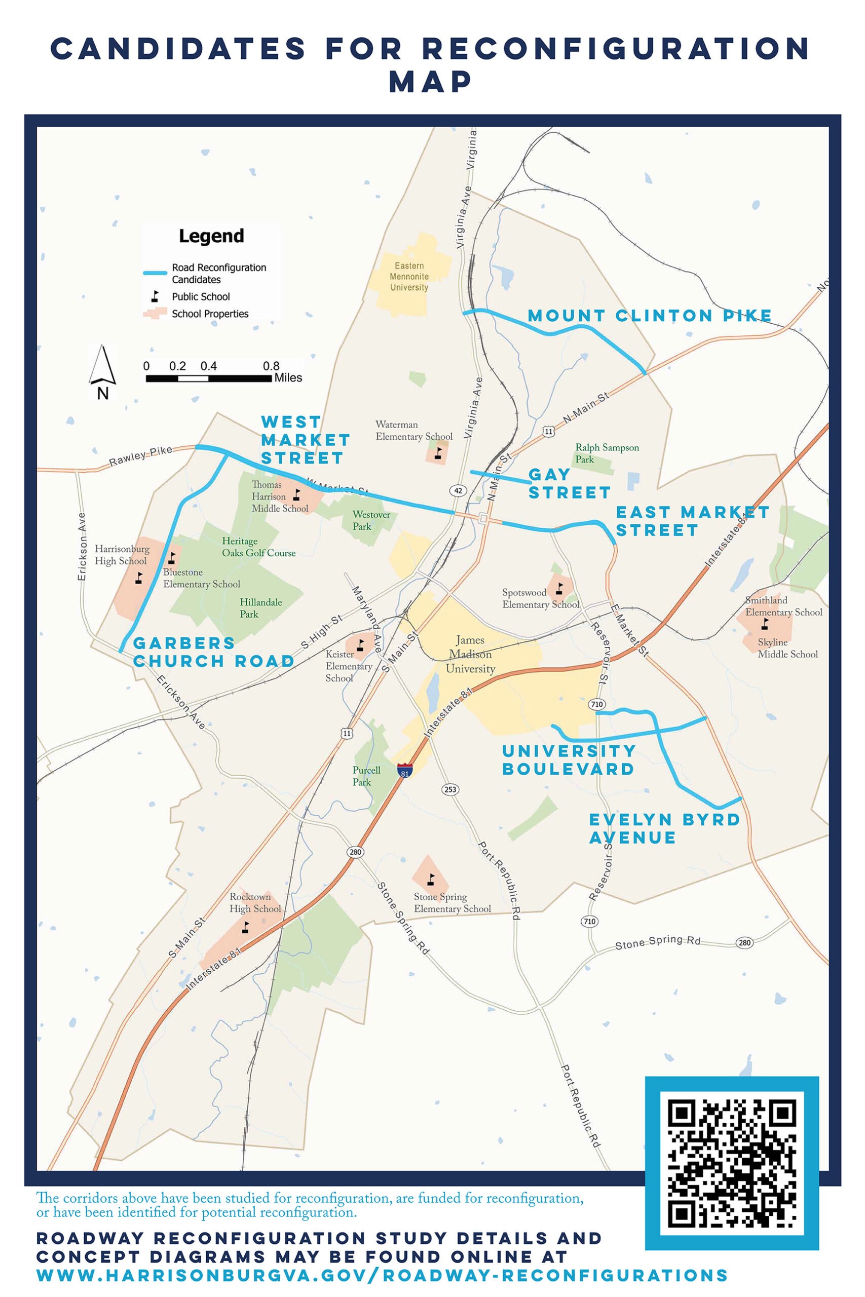 Graphic map of Harrisonburg City showing upcoming road reconfiguration projects.