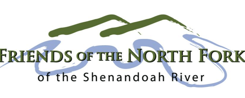 Friends of the North Fork of the Shenandoah River logo depicting the river in a windy blue line and mountains in peaky green line.