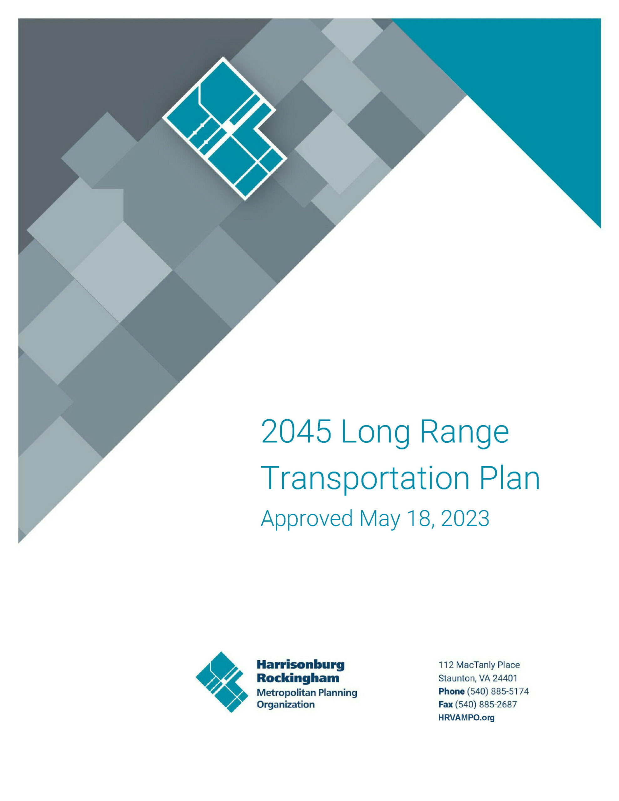 Front page of the Harrisonburg Rockingham Long Range Transportation Plan document with blue and grey block graphics across the top.