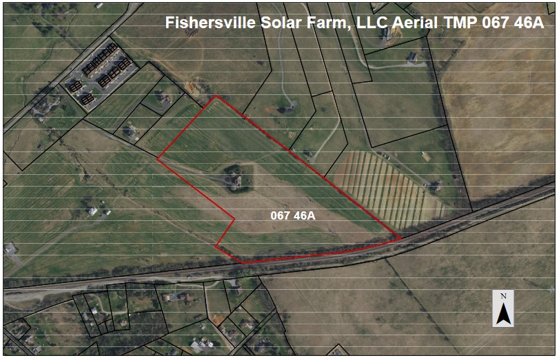An aerial image of rural lands with a six sided parcel outlined in red labeled Fishersville Solar Farm, LLC Aerial TMP 067 46A.