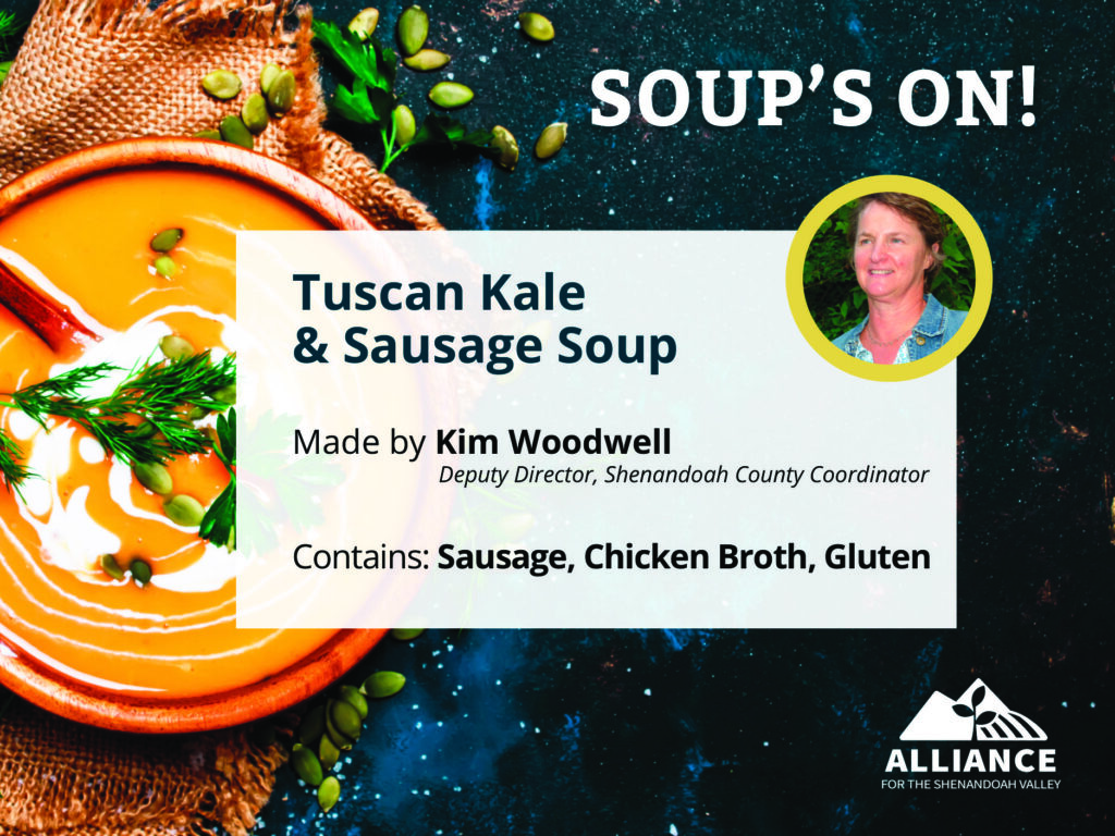 A buffet label for Tuscan Kale & Sausage Soup with a stock photo of a pureed orange soup garnished with white swirl and pumpkin seeds and a small circle frame with a woman headshot.