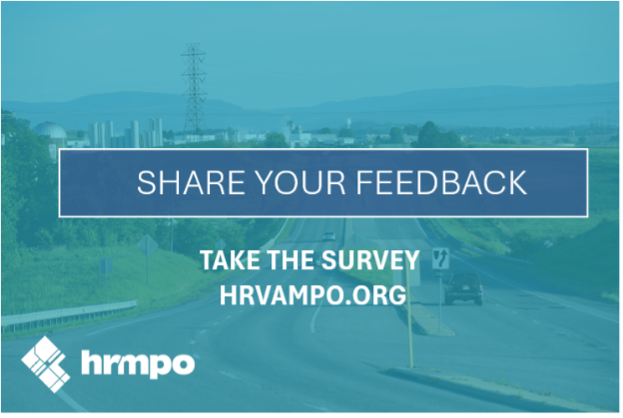 One images of Dinkel Avenue in Rockingham is overlaid with a blue filter. The center text reads “Share your feedback. Take the survey” and it includes the web address linked in the post text. The HRMPO logo is in the left corner.