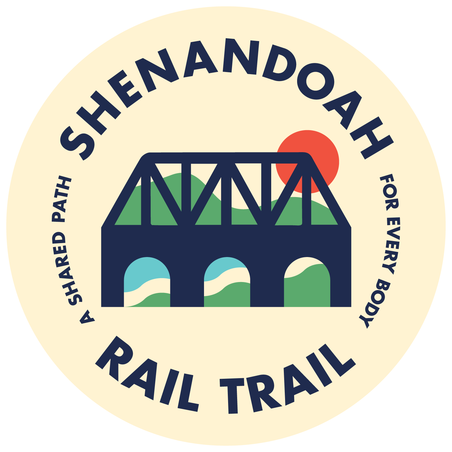 A light yellow circle encasing a logo image of a rail bridge, mountains, river and path with a bright red sun in the background. Text reads 'Shenandoah Rail Trail, a shared path for every body'