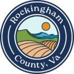 Rockingham County Virginia logo with fields, blue and green mountains and orange sun.