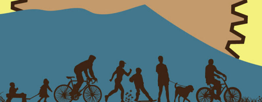 A bicycle gear shaped icon depicting a mountain in the background with silhouettes walking, cycling, hiking, skateboarding, dog walking and pulling a wagon.