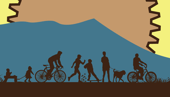 A bicycle gear shaped icon depicting a mountain in the background with silhouettes walking, cycling, hiking, skateboarding, dog walking and pulling a wagon.