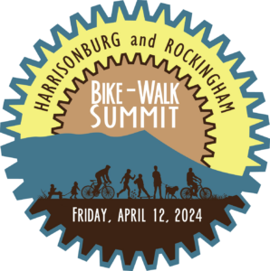A bicycle gear shaped icon depicting a mountain in the background with silhouettes walking, cycling, hiking, skateboarding, dog walking and pulling a wagon. The words read Harrisonburg and Rockingham Bike-Walk Summit.