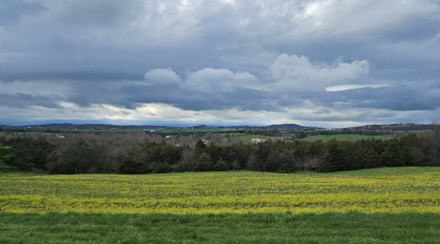 A field roles back from the foreground with varying colors of green reflecting the sunlight through the clouds. A mountain ridge is visible in the far background.