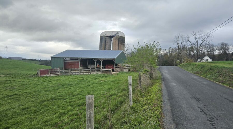 A barn with a double silo in the back is tucked close to a narrow road through a spring-green field under a cloudy sky.