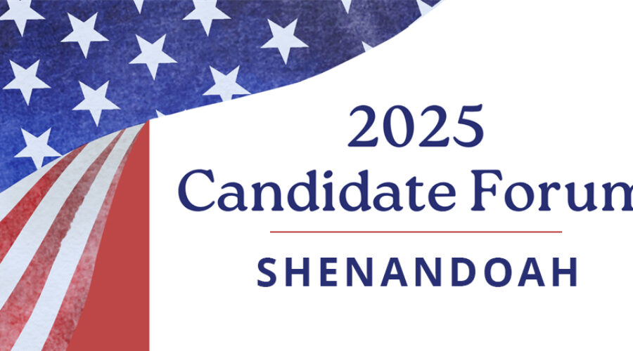 A stylized American flag wraps around words saying 2025 Candidate Forum: Shenandoah.