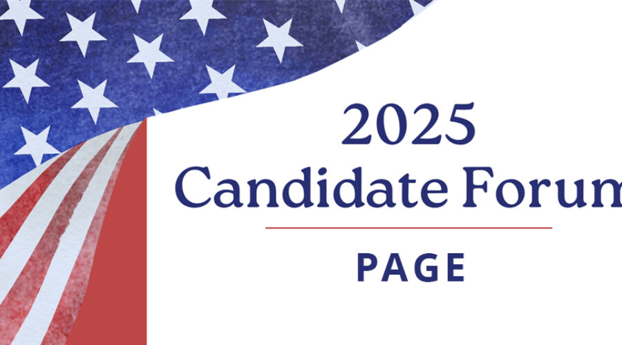 A stylized American flag wraps around words saying 2025 Candidate Forum: Page.