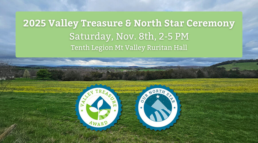 A rural landscape with green rolling fields and distant mountains is overlayed with icons for Valley Treasure and North Star and information about the ceremony.