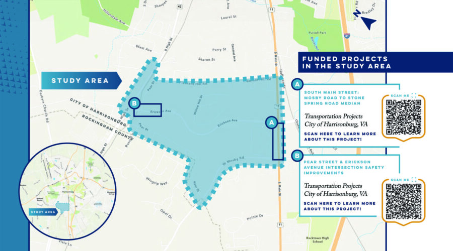 A map outlines the study area in blue that includes all of Erickson Ave and the intersections with S High St (RT 42) and S Main St (Rt 11).