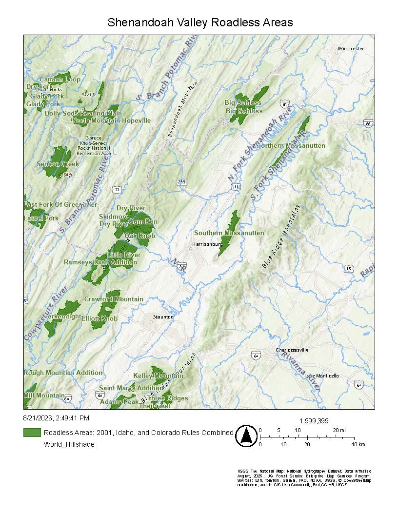 TU Roadless Rule Shenandoah Valley A topographic map showing roadless areas in the George Washington National Forest to illustrate that they cover the most ecologically important areas of the forest.