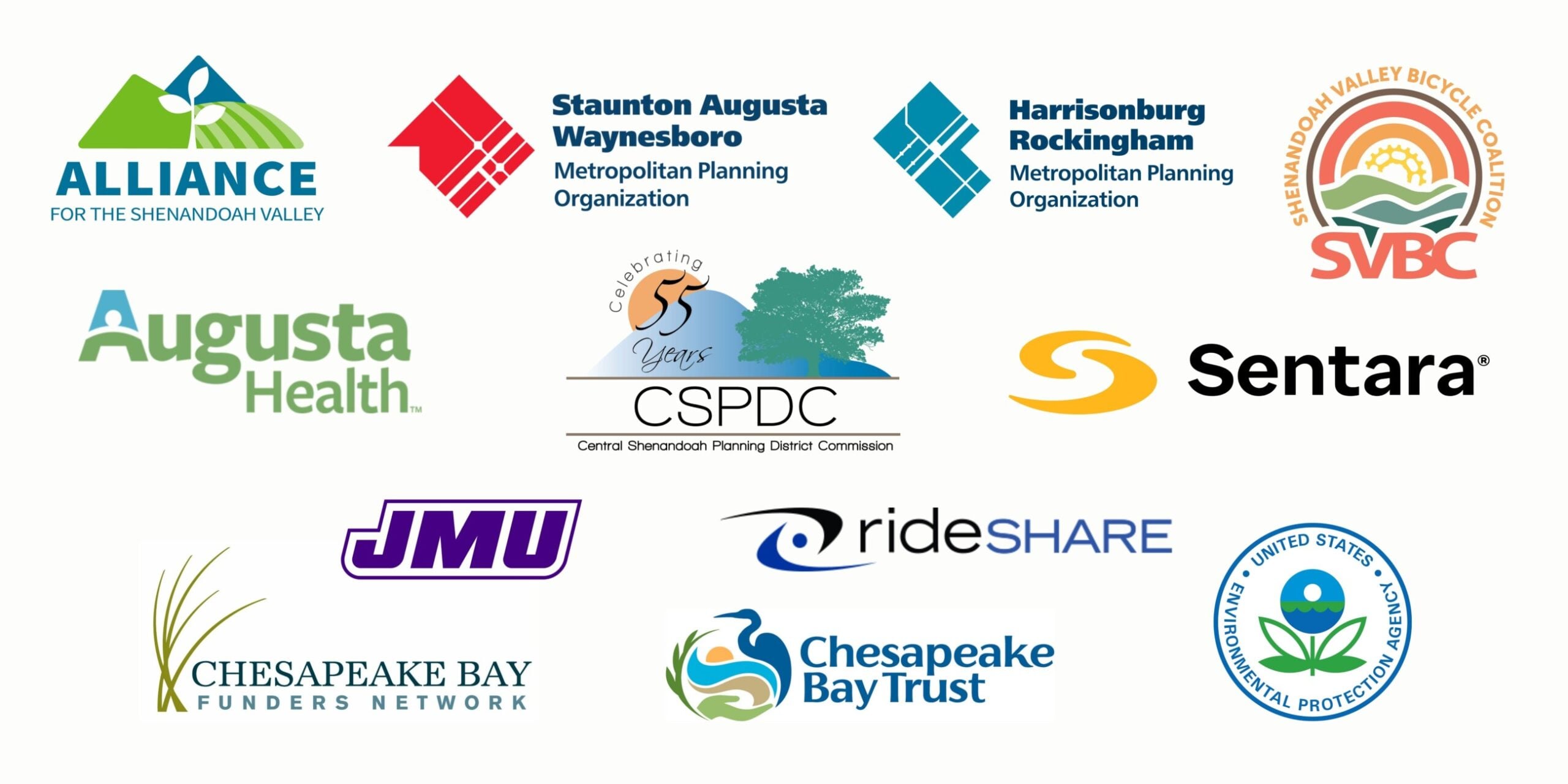 An array of sponsor logos: Alliance for the Shenandoah Valley, Harrisonburg/Rockingham MPO, Staunton/Augusta/Waynesboro MPO, Shenandoah Valley Bicycle Coalition, Augusta Health, Central Shenandoah Valley Planning District Commission, Sentara, JMU ICAD, RideShare, Chesapeake Bay Funder's Network via Chesapeake Bay Trust and EPA.