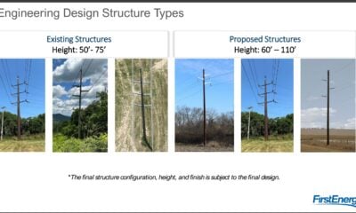 A slide showing three examples of existing power pole types and three examples of proposed power pole types.