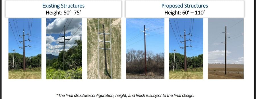 A slide showing three examples of existing power pole types and three examples of proposed power pole types.